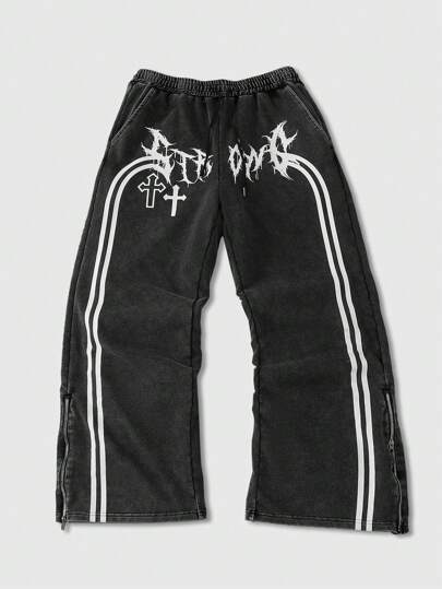Goth Men's Casual Sports Street Cross & Letter Print Contrast Striped Side Zip Loose Wide-Leg Sweatpants