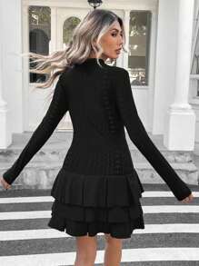 SHEIN Essnce Women's Solid Color Round Neck Long Sleeve Simple Casual Mini Dress