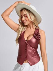 SHEIN LUNE Women's Elegant Pure Silk Satin 3D Floral Backless Vest Jacket,Burgundy Summer Dinner Date French Party Outfit,Spring Valentine's Day & New Year Red - Burgundy - View 4