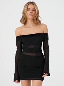 Muchica 女士黑色网眼露肩喇叭袖迷你连衣裙