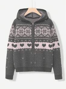 Sunnyshic Retro Cute Snow Flake Printed Hooded Cardigan Sweater, Warm For Autumn/Winter