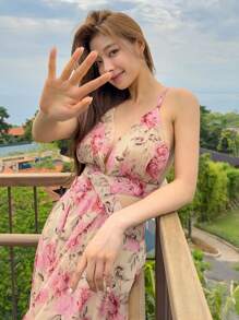 DAZY 优雅印花飘逸雪纺长裙，适合女性，度假风连衣裙，适合度假、邮轮旅行等场合。 - 粉色 - 查看 1