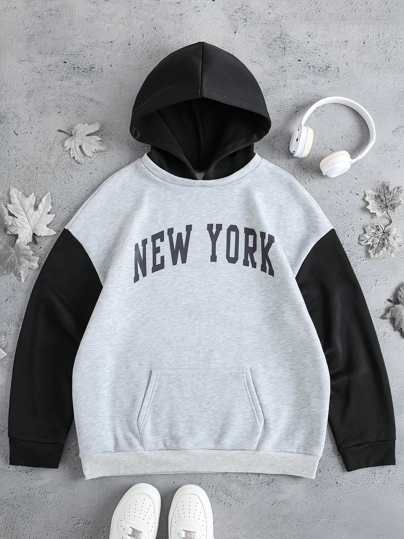 SHEIN Manfinity Dauomo Men's Fashion Color Block Letter Print Hoodie Sweatshirt