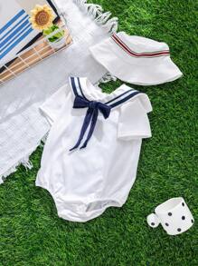 SHEIN 2-częściowy zestaw body niemowlęcego chłopięcego, ślicznego, swobodnego, dzianinowego z muszką i czapeczką, odpowiedni na przyjęcie urodzinowe, ceremonię, wesele, baby shower