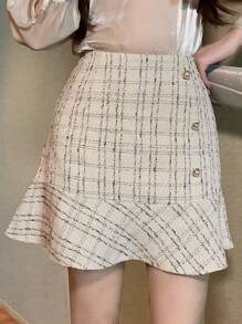 DAZY 女式格纹侧扣荷叶边下摆优雅A字裙秋冬 - 米色 - 查看 4