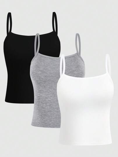 3 件套 青少年女孩简约时尚白灰黑纯色舒适吊带背心