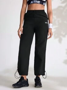女士休闲字母印花直筒户外裤 - 黑色 - 查看 3