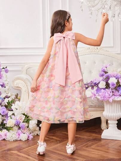 Tween Girl 彩色 3D 花卉亮片提花蝴蝶装饰化装舞会连衣裙