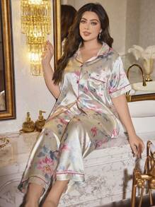 大码女式花卉印花短袖上衣和裤子睡衣套装，优雅家居服 - 黃色 - 查看 5