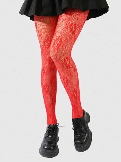 Fairycore 1 Pair Women Goth Coffee Rose Lace Jacquard Hollow Out Fishnet Socks, All Season