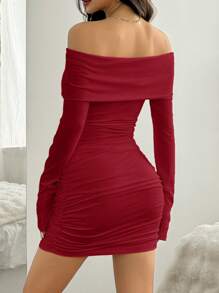 Muchica Women Solid Color Long Sleeve Red Fitted Off Shoulder Ruched Midi Dress - Red - View 2