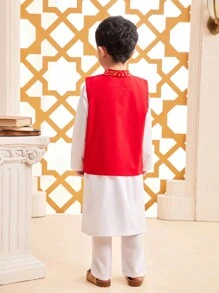 SHEIN 3pcs/Set Young Boy Retro Gold Powder Printed Stand Collar Long Sleeve Shirt, Waistcoat And White Pants Set, Fashionable Casual , Suitable For Vacation, Spring/Autumn - Red - View 6