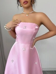 Elenzga Solid Color Halter A-Line Mid-Long Rhinestone Embellished Elegant Dress For Women, Valentine's Day - Pink - View 4