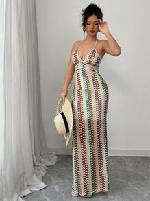 Elenzga 女式彩色提花针织撞色罗纹边无袖沙滩裙 - 彩色 - 查看 6