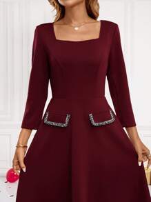 EMERY ROSE New Years Dress Women A-Line Button Decor Square Neck Long Sleeve Dress,Elegant Burgundy Dress