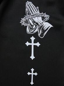 Manfinity EMRG Men's Prayer Hand Print Hoodie & Sweatpants Casual Suit Set - Black - View 6
