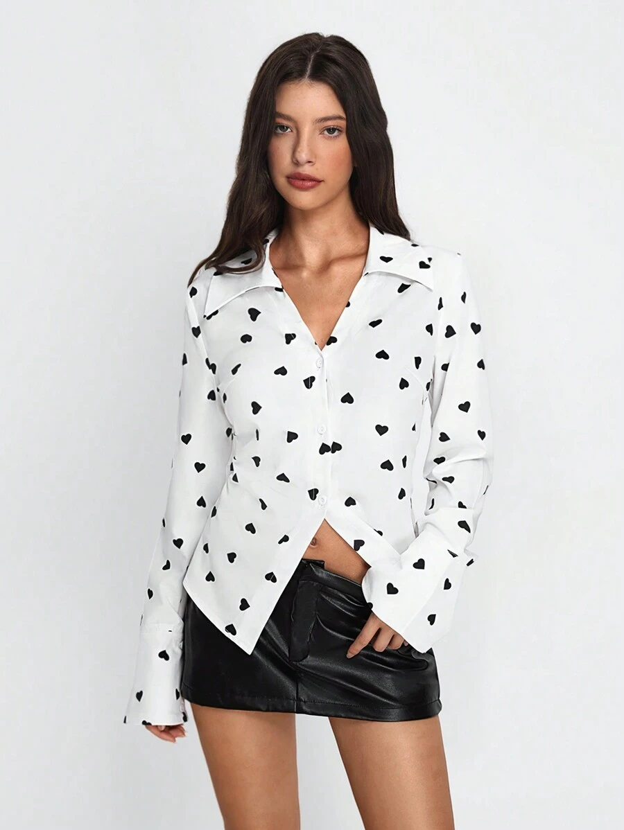 SHEIN Unity Blusa de mujer de corte ajustado con cuello, mangas abullonadas y estampado de corazones - Blanco y Negro - Ver 1