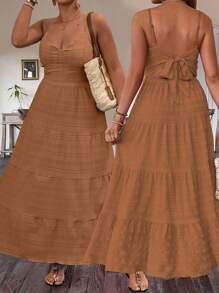 Franclia Plus Size Women Solid Color Ruched Ruffle Trim Casual Strap Dress