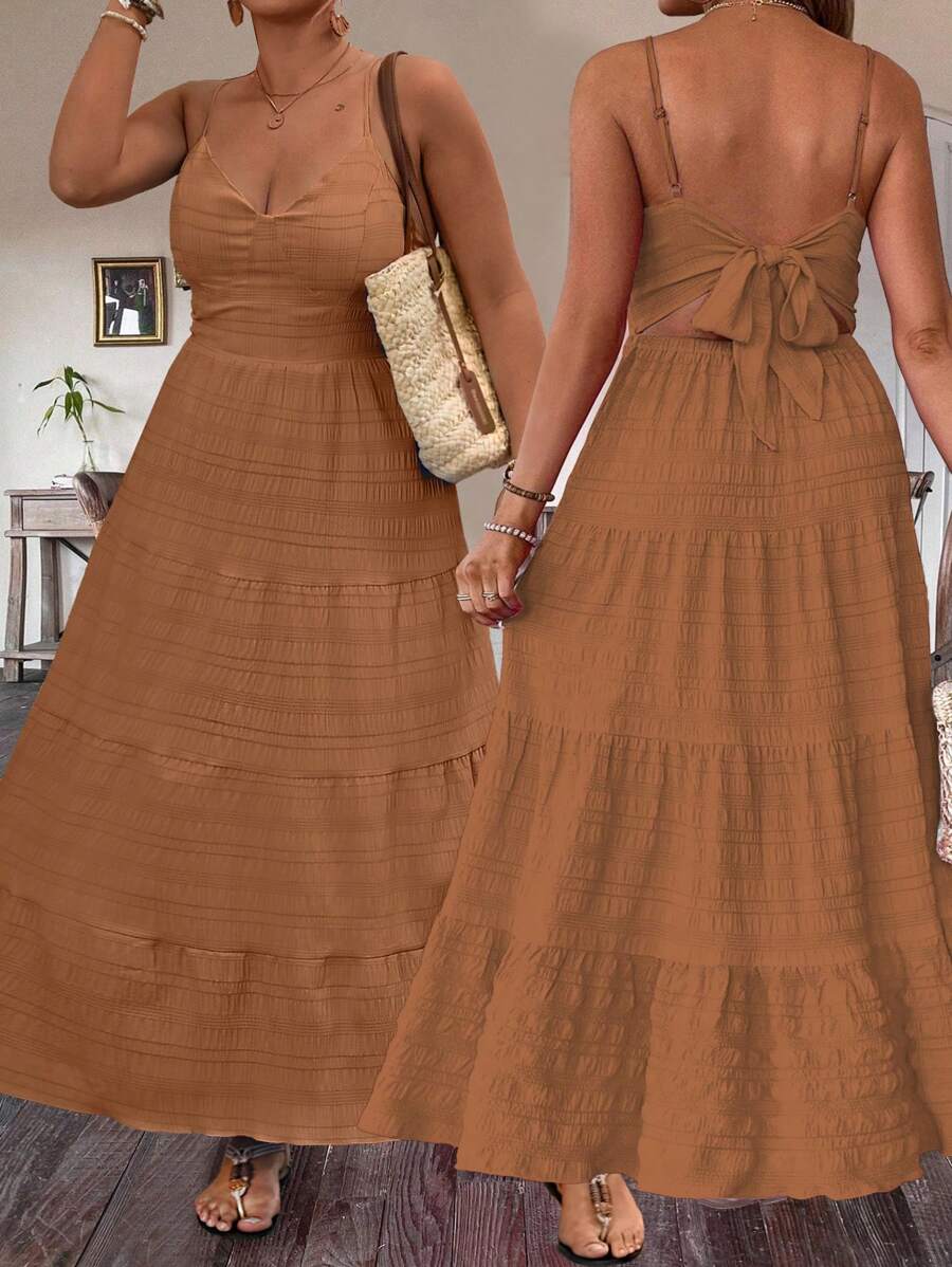 Franclia Plus Size Women Solid Color Ruched Ruffle Trim Casual Strap Dress