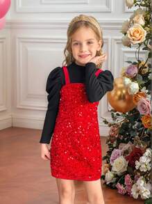 SHEIN 2pcs Set: Knitted Solid Stand Collar Gigot Sleeve Top + Velvet Sequin Embroidery Red Dress For Young Girls,Girls Winter Clothes,Girls Fall Clothes,Girls Sets,Christmas Kids Clothes,Girls Christmas Dress - Multicolor - View 3