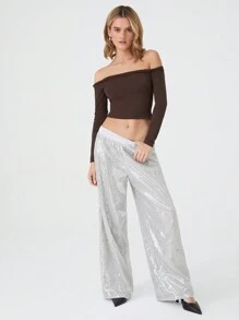 SHEIN EZwear 女士银色亮片松紧腰宽松阔腿裤，时尚 - 銀色 - 查看 3