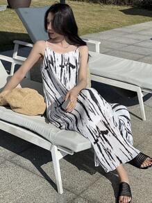 DAZY Women's Casual Vacation Contrast Color Print Slip Dress Summer Boho Sundress Maxi Dress - Black and White - View 5