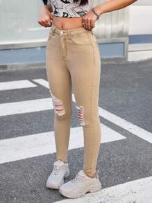 SHEIN Jeans skinny décontractés avec poches déchirées pour adolescentes