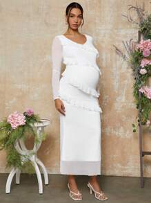 MaterniChic Váy bầu tay dài xếp nếp phía trước ôm sát, thanh lịch cho mùa xuân, mùa thu, ngày lễ tình nhân - trắng - Xem 4