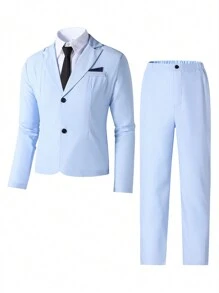 SHEIN 2-delige outfit voor heren van tienerjongens - lichtgewicht blazerjack in lichtblauw met contrasterende rand en broek, elegant formeel pak voor lente/zomer, verjaardagsfeestje, evenement, bruiloft, afstuderen