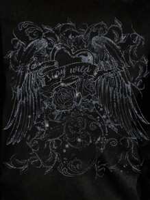 SHEIN EZwear 休闲简约斜肩带长袖宽松女式 T 恤，适合春秋季节，朋克、哥特、Y2K 风格，心形和翅膀图案 - 黑色 - 查看 3