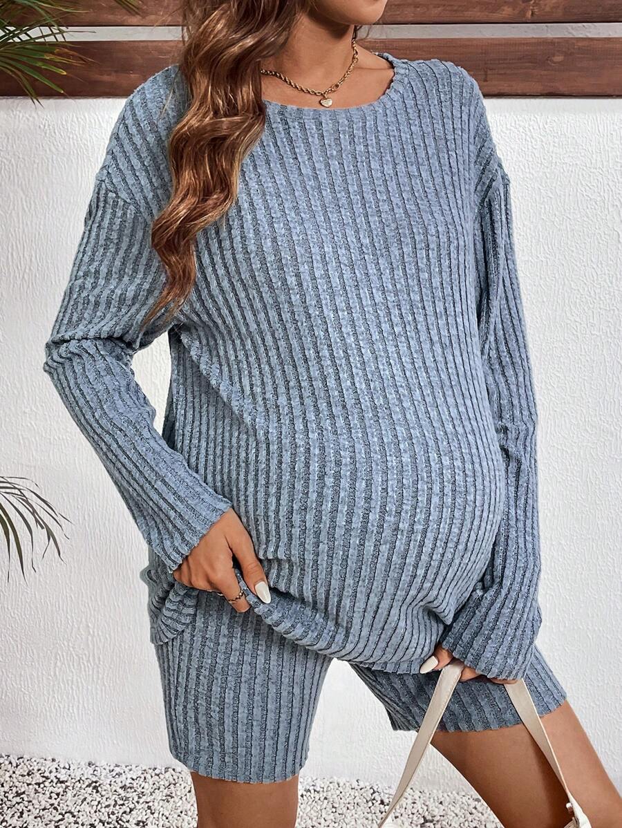 SHEIN Loose Sleeve Top Paired With Adjustable Waist Bodycon Shorts, 2 Pieces Maternity Set - Blue - View 1