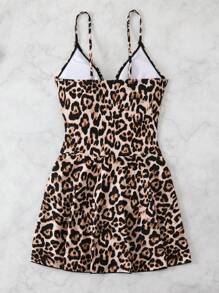Swim Lushoire Women Summer Beach Leopard Print Drawstring V-Neck Ruffle Skort Set, Sexy Ladies Swimsuit Cover Up