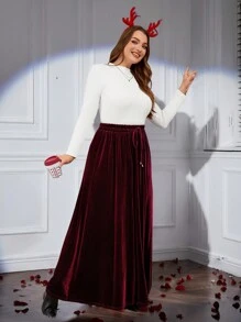 SHEIN LUNE Plus Size Christmas Women Autumn And Winter Skirt Wine Red Color Christmas Women Long Skirt New Years Women Holiday - Burgundy - View 6