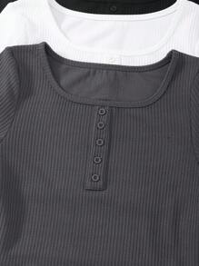 SHEIN Teen Girls 3 Pcs Set, Long Sleeve, Button Decor, Solid Texture Rib Casual Set, Spring & Autumn - Multicolor - View 8