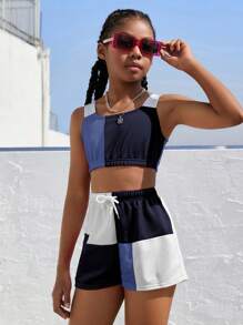 2pcs/Set Tween Girl Colorblock Simple Top And Shorts Set - Multicolor - View 4