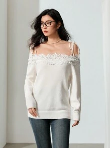 EastFlair Camiseta de punto hombros descubiertos con encaje en unicolor elegante para mujer, otoño - Blanco - Ver 7