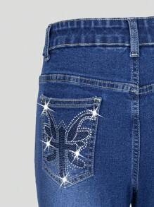 Teen Girls' Navy Blue Elastic Waist Zipper Front Classic Versatile Ripped Back Pocket Rhinestone Embellished Stretch Denim Flare Jeans - Medium Wash - View 6