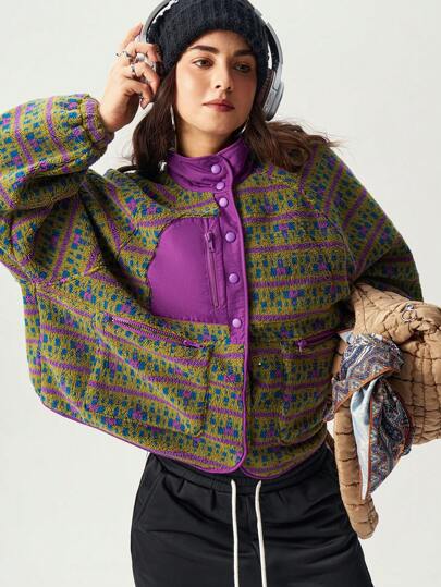 VARSITIE High Collar, Pockets, Long Sleeves, Printed Plush, Contrasting Colors, Loose And Casual Women Outdoor Jackets