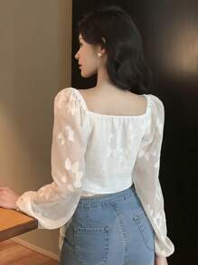 DAZY Áo cánh dài tay buộc kiểu quấn cổ chữ V cho nữ - trắng - Xem 5