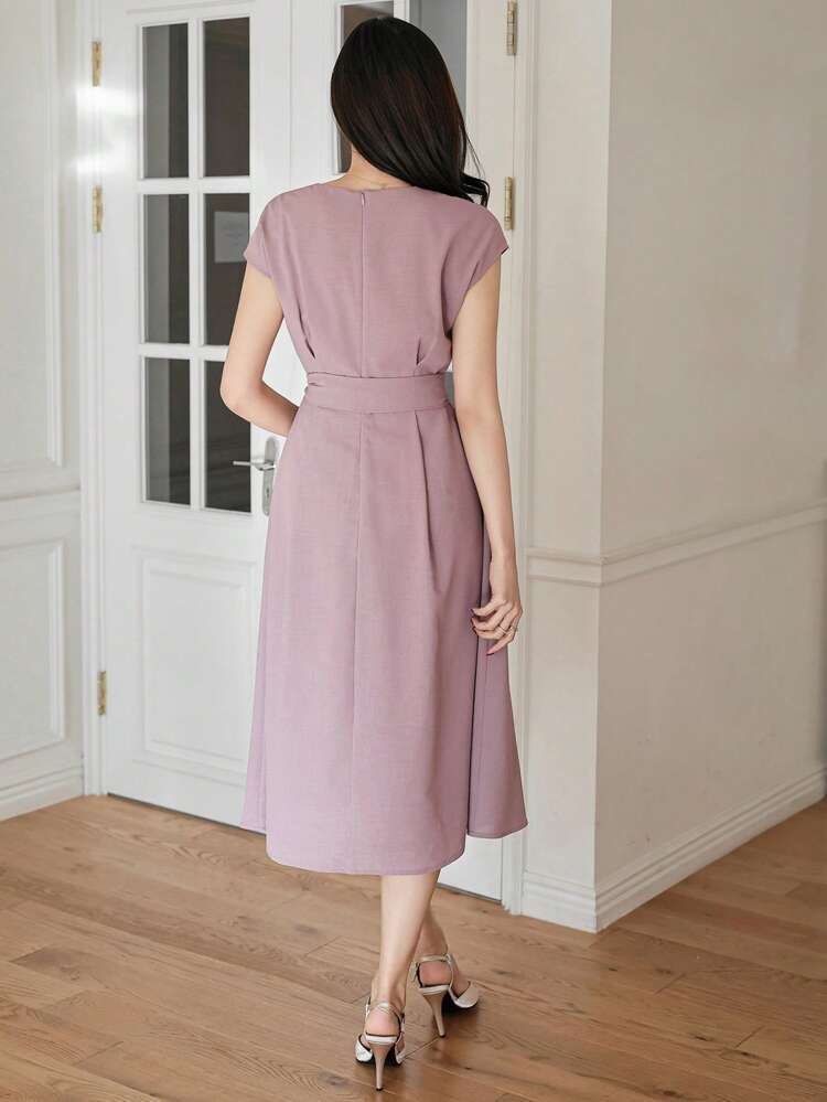 Vestido midi con cinturón de unicolor y cuello en V para uso en la oficina, vestidos casuales para mujer