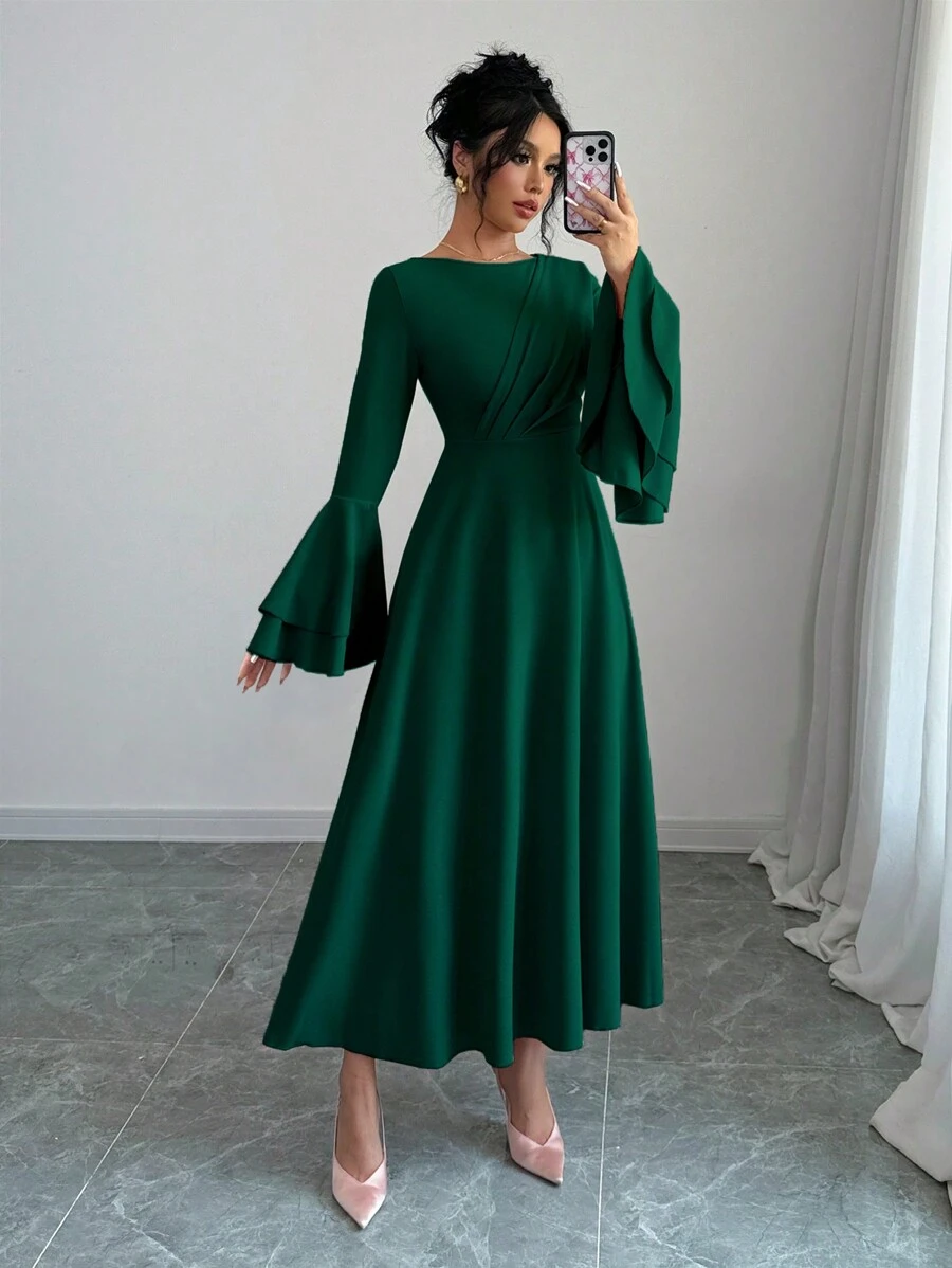 Rafferiza 女士优雅纯色喇叭袖连衣裙，秋季长款女装 - 墨綠色 - 查看 1