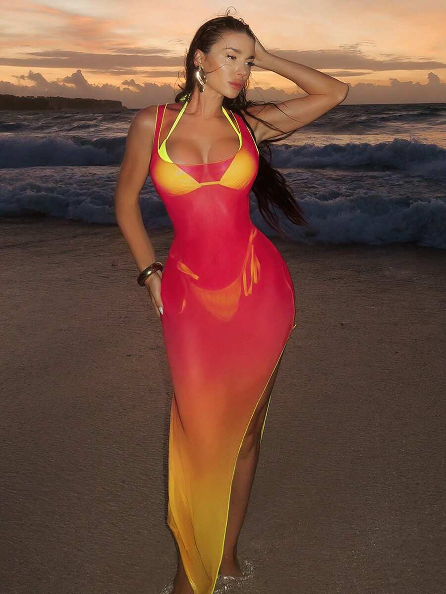 SHEIN Swim SXY 3 件套女士性感吊带三角比基尼套装和长款扎染和服泳装罩衫沙滩装适合夏季海滩度假 - 彩色 - 查看 1