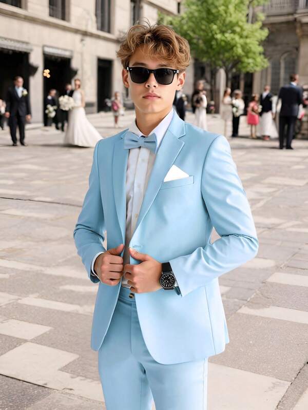 SHEIN Tween Boy Gentleman 2 buc Set Blazer Jachetă + Pantaloni Pantaloni, Fără Cămașă Fără Accesorii Ținută Formală Costum pentru petrecere de aniversare, nuntă, petrecere, aniversare