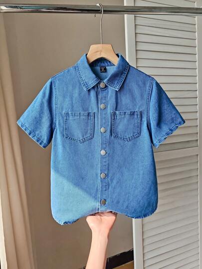 SHEIN Tween Boy Summer Basic Simple Loose Blue Denim Short-Sleeved Shirt Top For Boy Soft Dailywear And Kids Summer Clothes