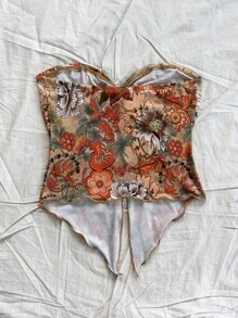 SHEIN PETITE Top tubo rojo con estampado floral abstracto borroso, con abertura frontal media, de seda de hielo y cómodo, para usar en vacaciones, tardes de té, Día de San Valentín, temporada de graduación