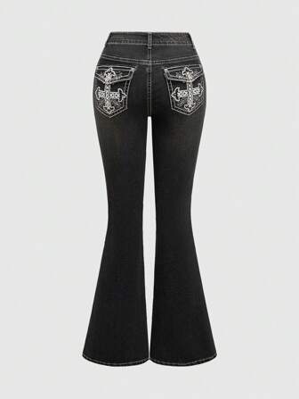 Y2K Style Pocket Embroidered Cross Rhinestone Black Skinny Fit Denim Jeans