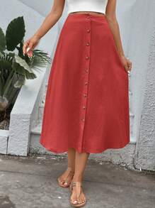 SHEIN VCAY Effen kleur dames rok met knopen aan de voorkant, casual dagelijkse kleding