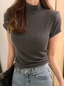 DAZY Women Solid Color Slim Fit Turtleneck Short Sleeve T-Shirt, Deep Gray, Spring/Summer Preppy Tops - Dark Grey - View 1