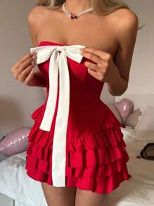 SHEIN EZwear 红色情人节多层荷叶边迷你吊带连衣裙 - 紅色 - 查看 4