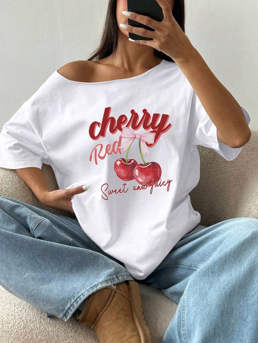 Flirla Camiseta de talla grande para mujer con estampado de cerezas y cuello asimétrico, de manga corta, para el verano - Blanco - Ver 1